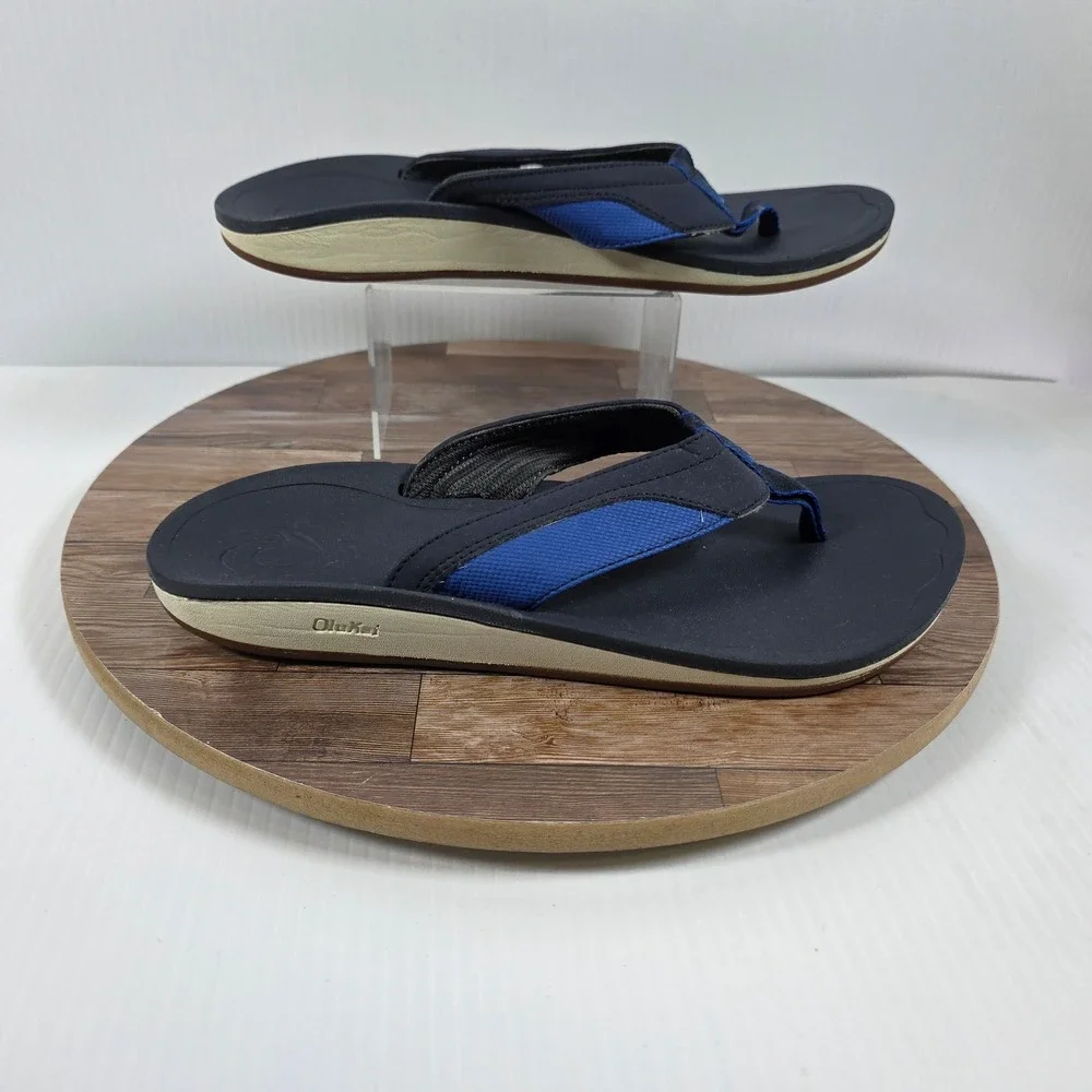 OluKai Nohona 10350-DEDE Mens US 8 Flip Flop Navy Leather Slip On Thong Sandals